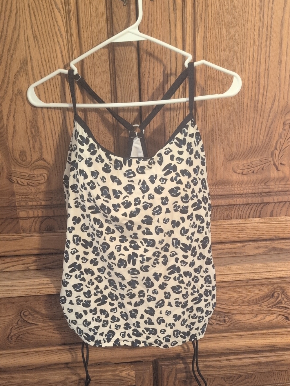 Women's Leopard-Print Cream and Black Strappy Tankini Top